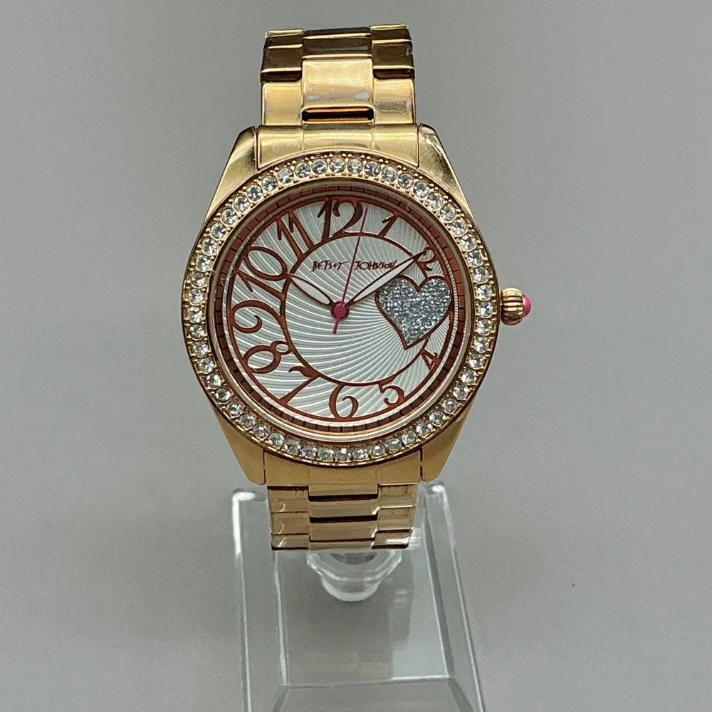 Betsey Johnson Watch Women Gold Tone Crystal Heart Dial Link Band NEW BATTERY